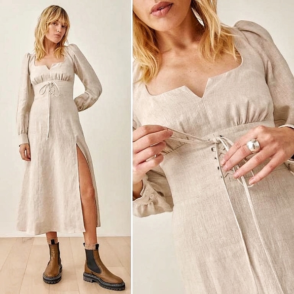 Reformation Anton Minimilist Puff Sleeve Corset Waist Linen Midi Dress - Picture 4 of 11